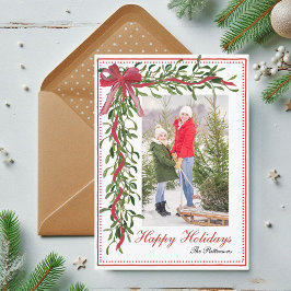 Happy Holidays Mistletoe Red Bow Family Photo Feestdagenkaart