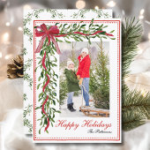 Happy Holidays Mistletoe Red Bow Family Photo Feestdagenkaart