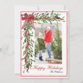 Happy Holidays Mistletoe Red Bow Family Photo Feestdagenkaart (Voorkant)