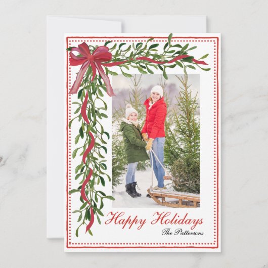 Happy Holidays Mistletoe Red Bow Family Photo Feestdagenkaart (Voorkant)