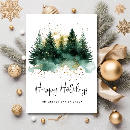 Happy Holidays Modern Green Gold Script Business Feestdagenkaart