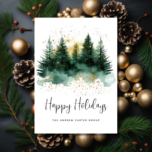 Happy Holidays Modern Green Gold Script Business Feestdagenkaart
