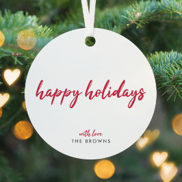 Happy Holidays | Modern Minimalist Red Xmas Script Metalen Ornament