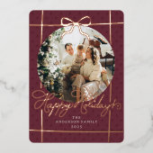 Happy Holidays Modern Script Bow Burgundy 1 Photo Folie Feestdagenkaart (Voorkant)