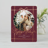Happy Holidays Modern Script Bow Burgundy 1 Photo Folie Feestdagenkaart (Staand Voorkant)