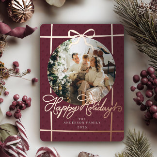 Happy Holidays Modern Script Bow Burgundy 1 Photo Folie Feestdagenkaart