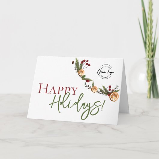 Happy Holidays Oranges wreath leaves Custom Logo  Kaart (Voorkant)