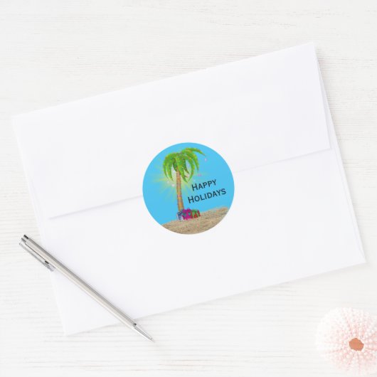 Happy Holidays Palm Tree in Sand Ronde Sticker (Envelop)