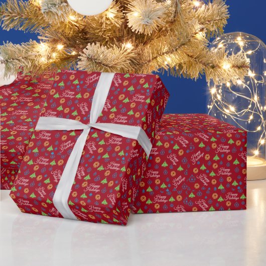 Happy Holidays Pattern Red Christmas Cadeaupapier (Feestdagen)
