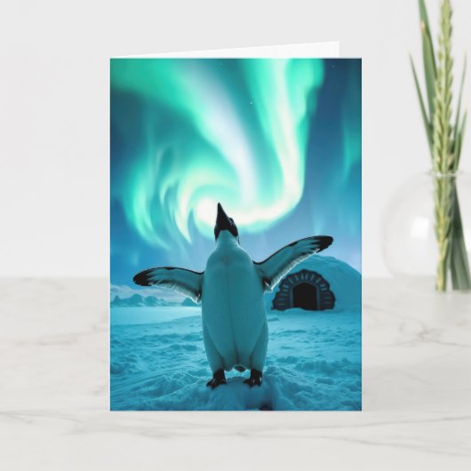 Happy Holidays Penguin Under Northern Lights Kaart (Voorkant)