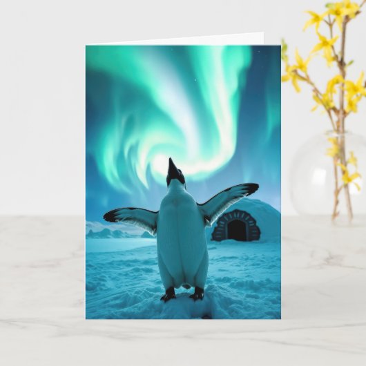 Happy Holidays Penguin Under Northern Lights Kaart (Gele Bloem)