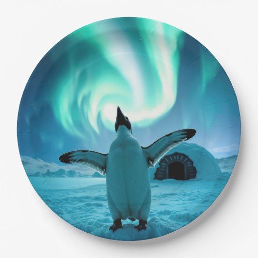Happy Holidays Penguin Under Northern Lights Papieren Bordje (Voorkant)