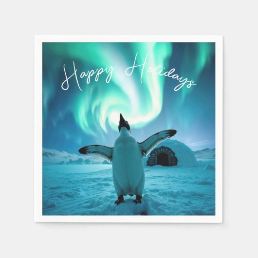 Happy Holidays Penguin Under Northern Lights Servet (Voorkant)