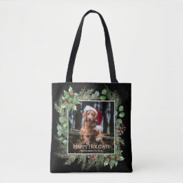 Happy Holidays Pet Photo Wreath Greenery  Tote Bag