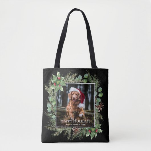 Happy Holidays Pet Photo Wreath Greenery  Tote Bag (Voorkant)