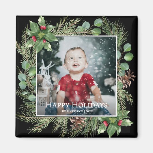 Happy Holidays Photo Greenery Square Magneet (Voorkant)