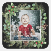 Happy Holidays Photo Greenery Square Vierkante Sticker (Voorkant)
