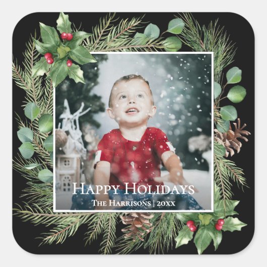 Happy Holidays Photo Greenery Square Vierkante Sticker (Voorkant)