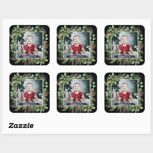 Happy Holidays Photo Greenery Square Vierkante Sticker (Vel)