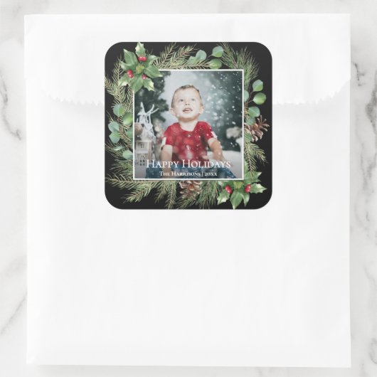 Happy Holidays Photo Greenery Square Vierkante Sticker (Tas)