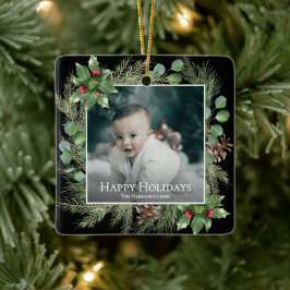 Happy Holidays Photo Wreath Botanical Christmas Keramisch Ornament