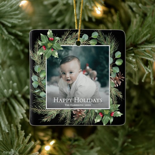 Happy Holidays Photo Wreath Botanical Christmas Keramisch Ornament (Boom)