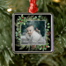 Happy Holidays Photo Wreath Botanical Christmas Metalen Ornament