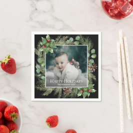 Happy Holidays Photo Wreath Botanical Christmas Servet