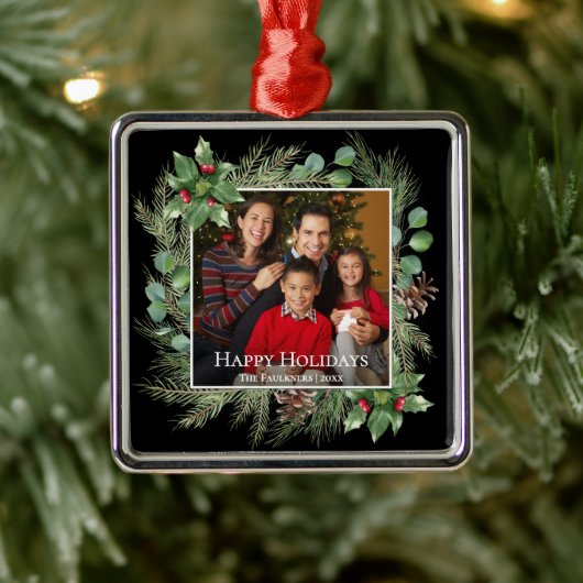 Happy Holidays Photo Wreath Botanical Metalen Ornament (Boom)