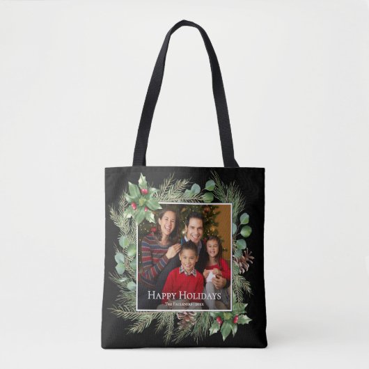 Happy Holidays Photo Wreath Botanical Tote Bag (Voorkant)