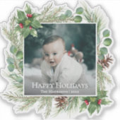 Happy Holidays Photo Wreath Greenery Christmas Sticker (Voorkant)