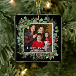 Happy Holidays Photo Wreath Greenery  Keramisch Ornament