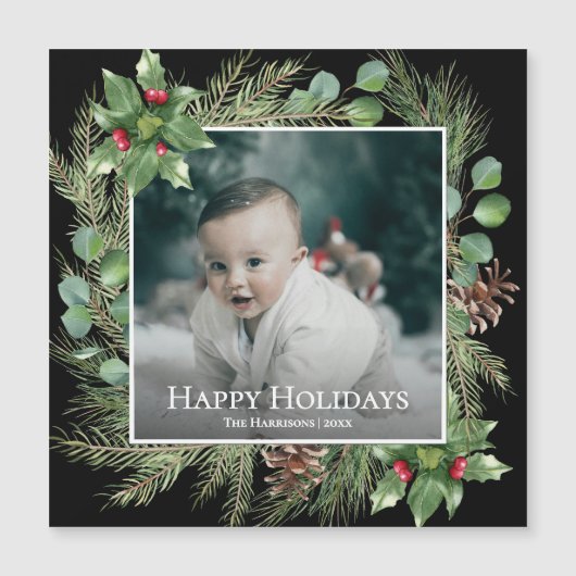 Happy Holidays Photo Wreath Greenery Magnetic Card (Voorkant)