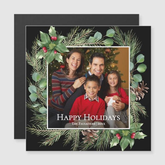 Happy Holidays Photo Wreath Greenery Magnetic Card (Voorkant / Achterkant)