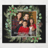 Happy Holidays Photo Wreath Greenery Sparkling Wijnetiket (Enkel label)