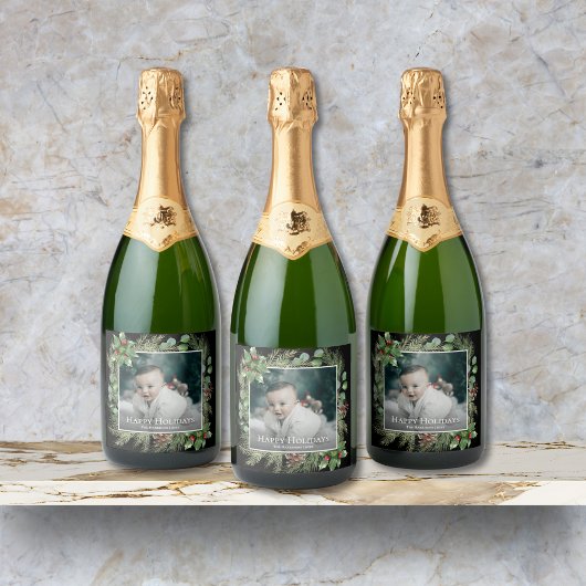 Happy Holidays Photo Wreath Greenery  Sparkling Wijnetiket