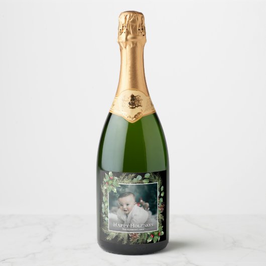 Happy Holidays Photo Wreath Greenery  Sparkling Wijnetiket (Voorkant)
