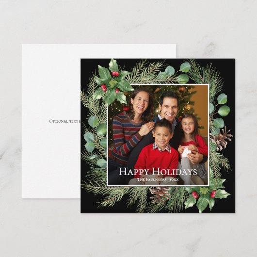 Happy Holidays Photo Wreath Greenery Square Card (Voorkant / Achterkant)
