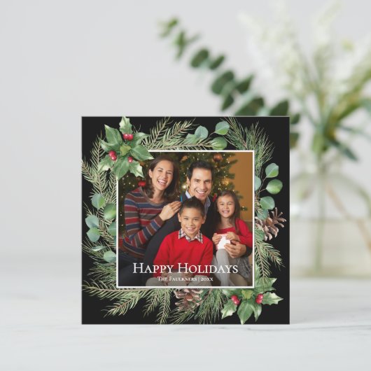 Happy Holidays Photo Wreath Greenery Square Card (Staand voorkant)