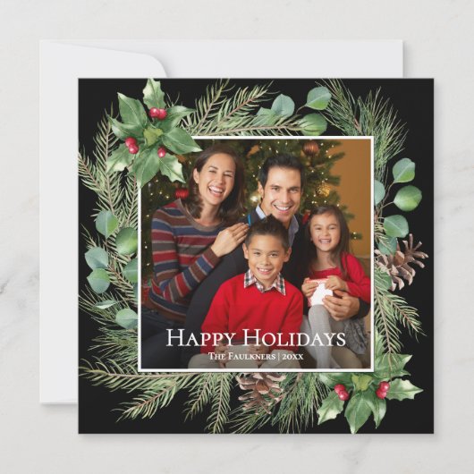 Happy Holidays Photo Wreath Greenery Square Card (Voorkant)