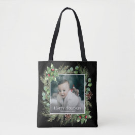 Happy Holidays Photo Wreath Greenery Square Tote Bag