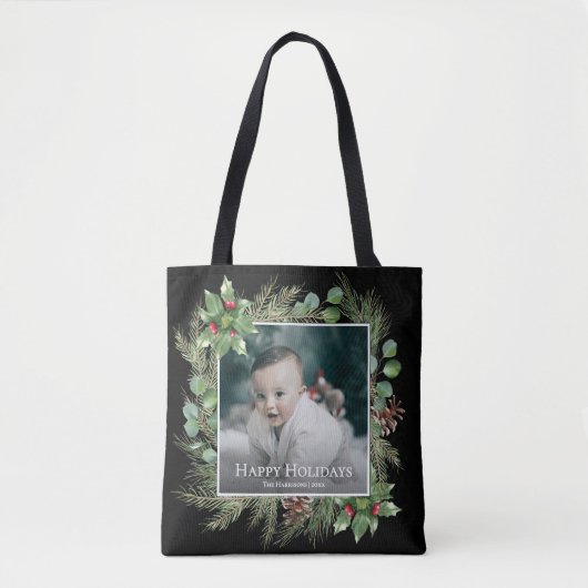 Happy Holidays Photo Wreath Greenery Square Tote Bag (Voorkant)
