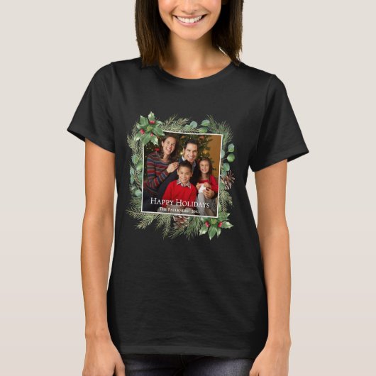 Happy Holidays Photo Wreath Greenery  T-shirt (Voorkant)