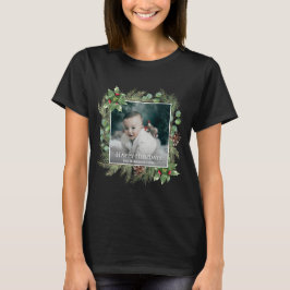Happy Holidays Photo Wreath Greenery  T-shirt