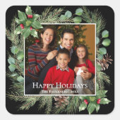 Happy Holidays Photo Wreath Greenery  Vierkante Sticker (Voorkant)