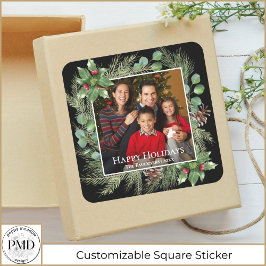 Happy Holidays Photo Wreath Greenery  Vierkante Sticker
