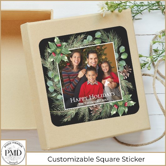 Happy Holidays Photo Wreath Greenery  Vierkante Sticker