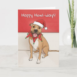Happy Holidays Pit Bull Dog Drawing in Santa Hat Feestdagen Kaart