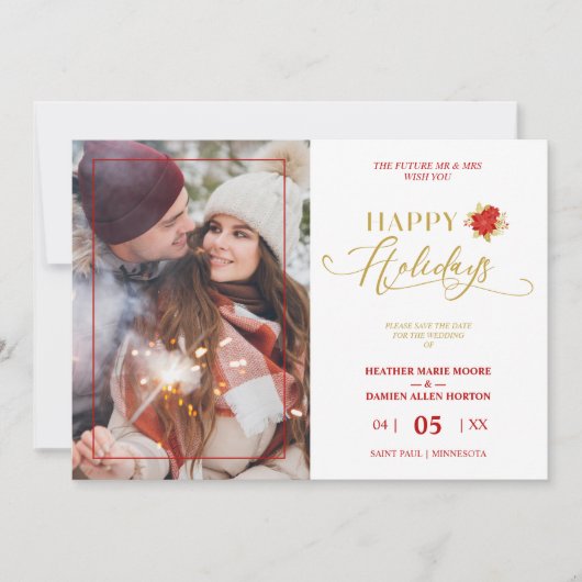Happy Holidays Poinsettias Wreath Photo Wedding Save The Date (Voorkant)