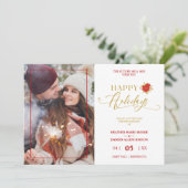Happy Holidays Poinsettias Wreath Photo Wedding Save The Date (Staand voorkant)